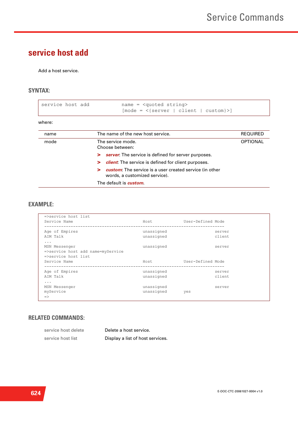 Service host add, Service commands, Syntax | Example: related commands | Technicolor - Thomson ST585 V6 User Manual | Page 648 / 834