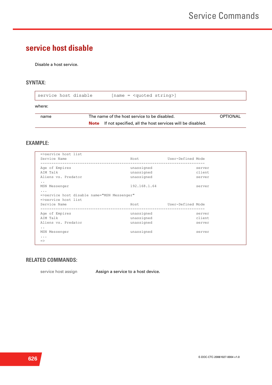 Service host disable, Disable a host service, Service commands | Syntax, Example: related commands | Technicolor - Thomson ST585 V6 User Manual | Page 650 / 834