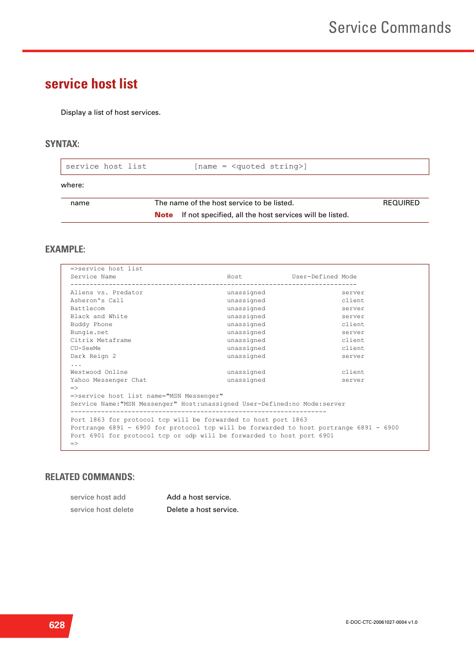 Service host list, Display a list of host services, Service commands | Syntax, Example: related commands | Technicolor - Thomson ST585 V6 User Manual | Page 652 / 834