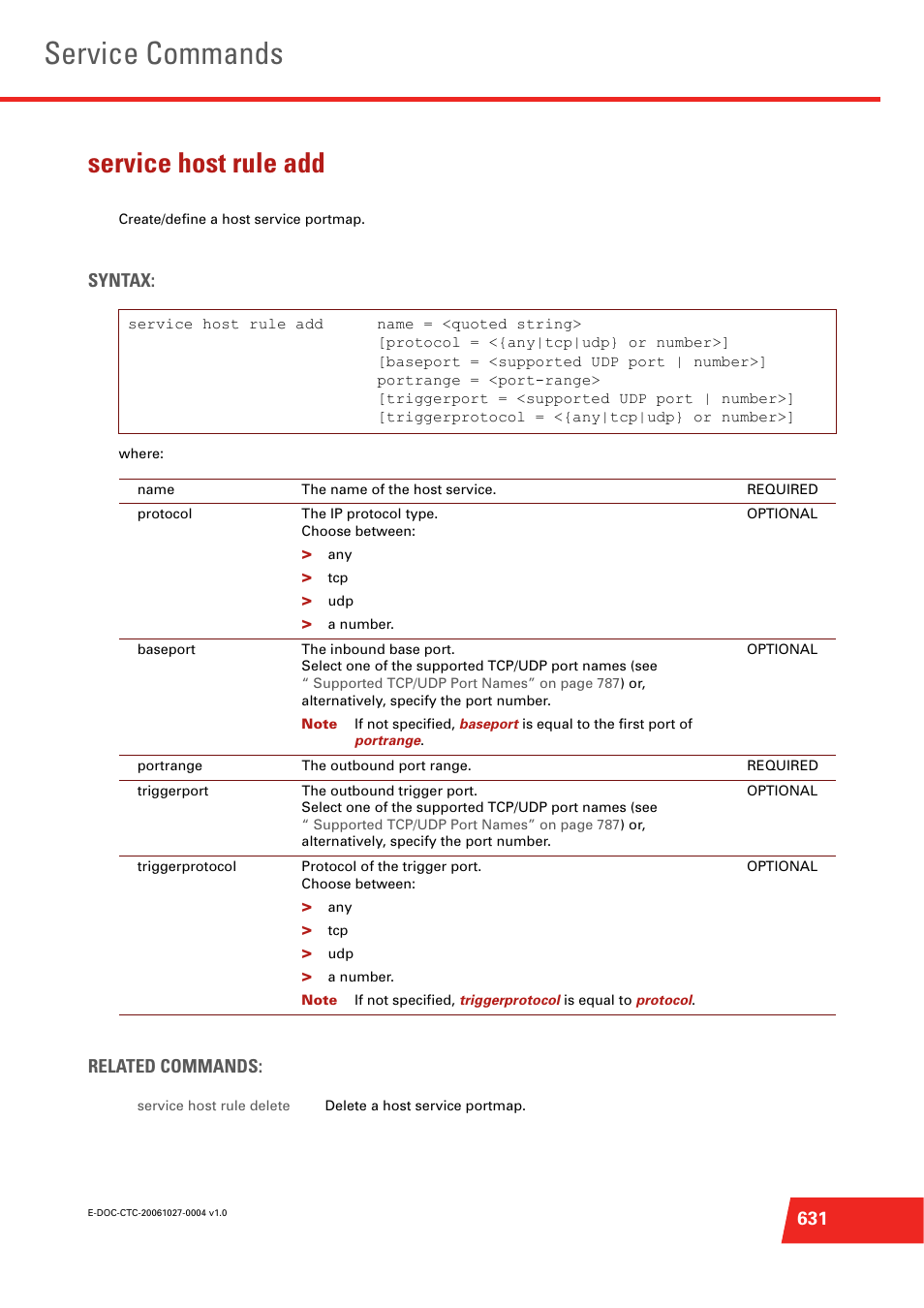 Service host rule add, Create/define a host service portmap, Service commands | Syntax, Related commands | Technicolor - Thomson ST585 V6 User Manual | Page 655 / 834