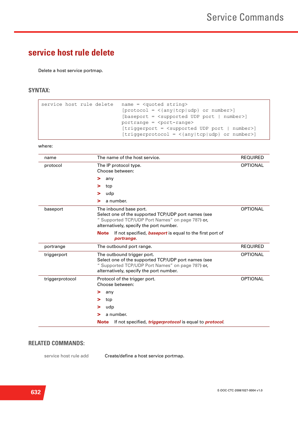 Service host rule delete, Delete a host service portmap, Service commands | Syntax, Related commands | Technicolor - Thomson ST585 V6 User Manual | Page 656 / 834