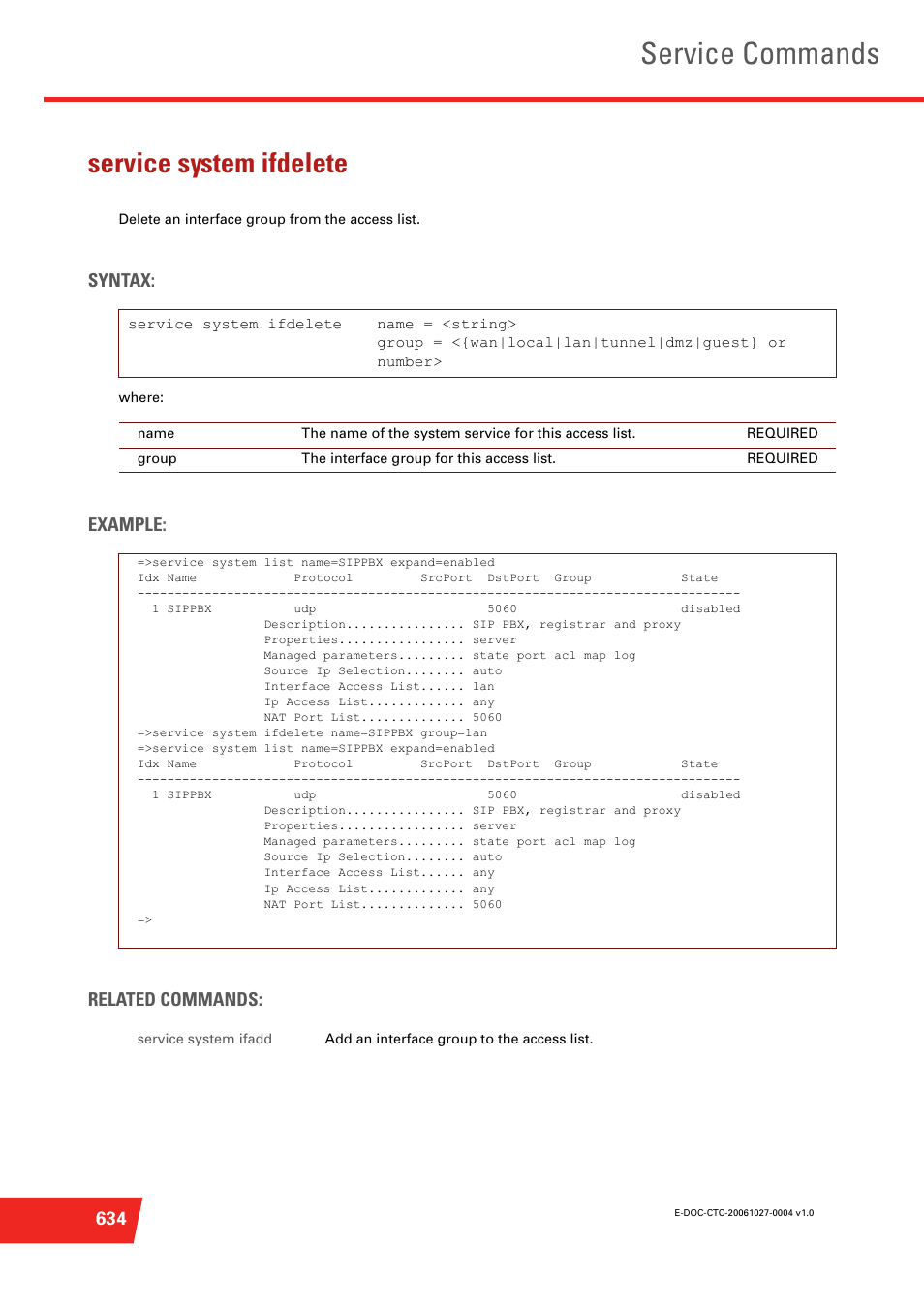 Service system ifdelete, Delete an interface group from the access list, Service commands | Syntax, Example: related commands | Technicolor - Thomson ST585 V6 User Manual | Page 658 / 834