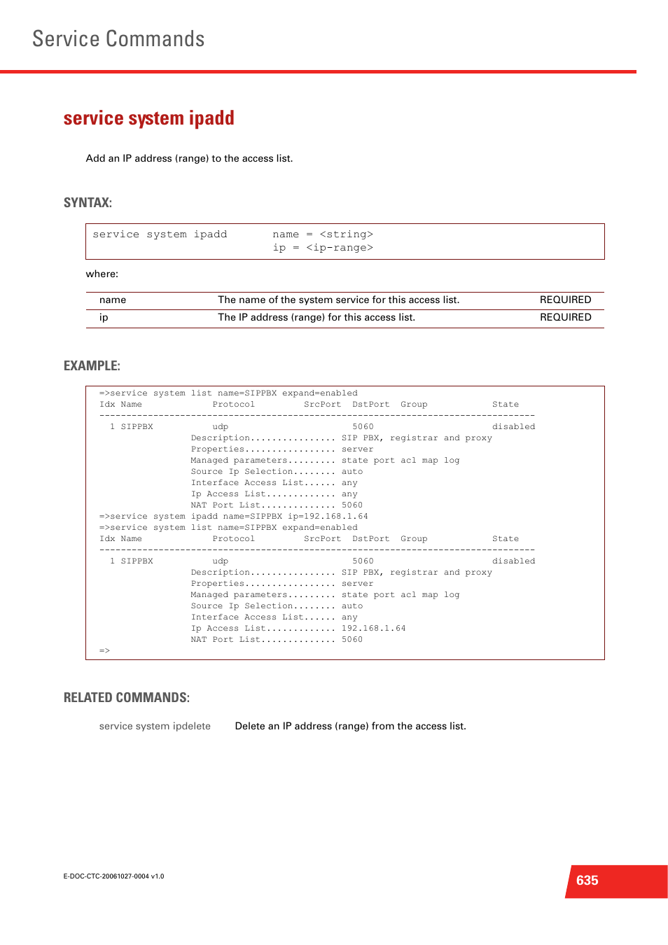 Service system ipadd, Add an ip address (range) to the access list, Service commands | Syntax, Example: related commands | Technicolor - Thomson ST585 V6 User Manual | Page 659 / 834