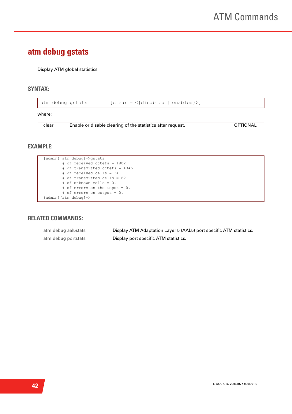 Atm debug gstats, Display atm global statistics, Atm commands | Technicolor - Thomson ST585 V6 User Manual | Page 66 / 834