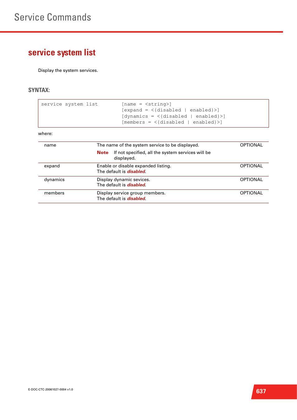 Service system list, Display the system services, Service commands | Syntax | Technicolor - Thomson ST585 V6 User Manual | Page 661 / 834