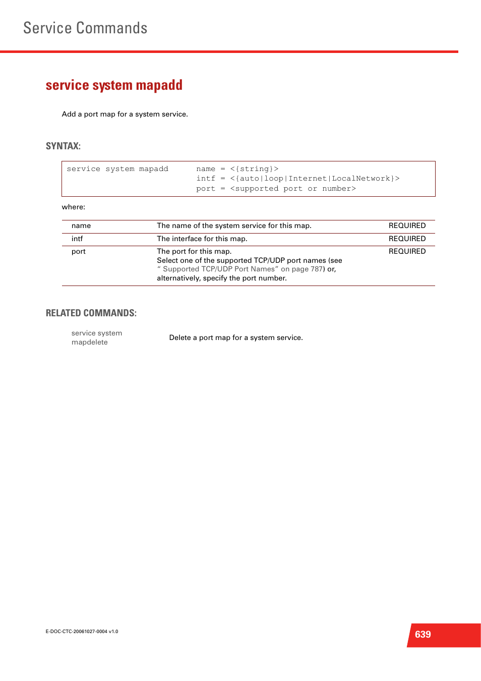 Service system mapadd, Add a port map for a system service, Service commands | Technicolor - Thomson ST585 V6 User Manual | Page 663 / 834