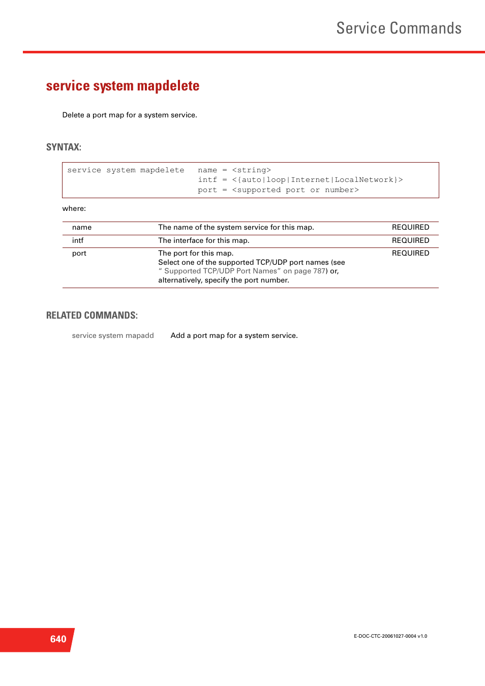 Service system mapdelete, Delete a port map for a system service, Service commands | Technicolor - Thomson ST585 V6 User Manual | Page 664 / 834