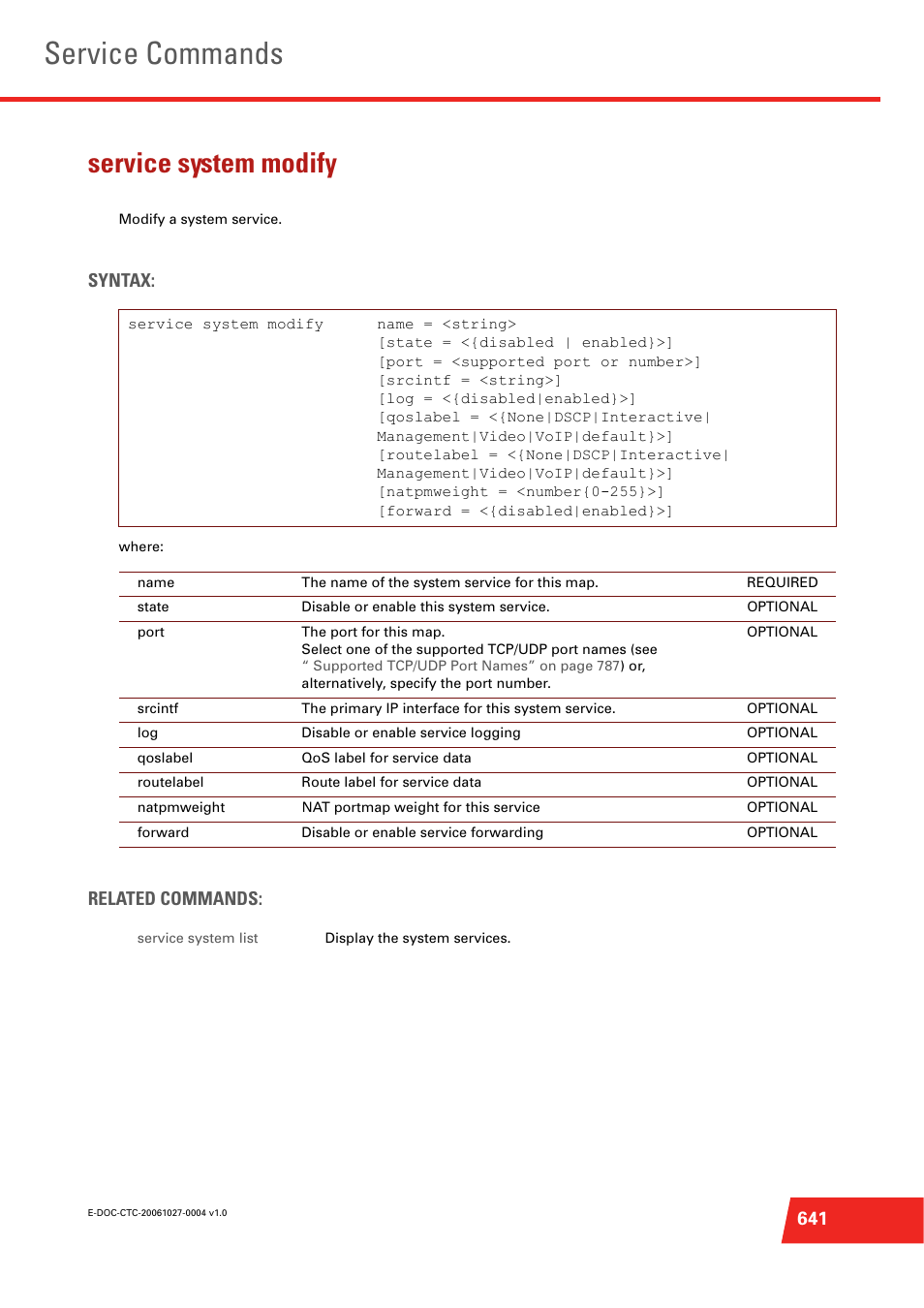 Service system modify, Modify a system service, Service commands | Syntax, Related commands | Technicolor - Thomson ST585 V6 User Manual | Page 665 / 834