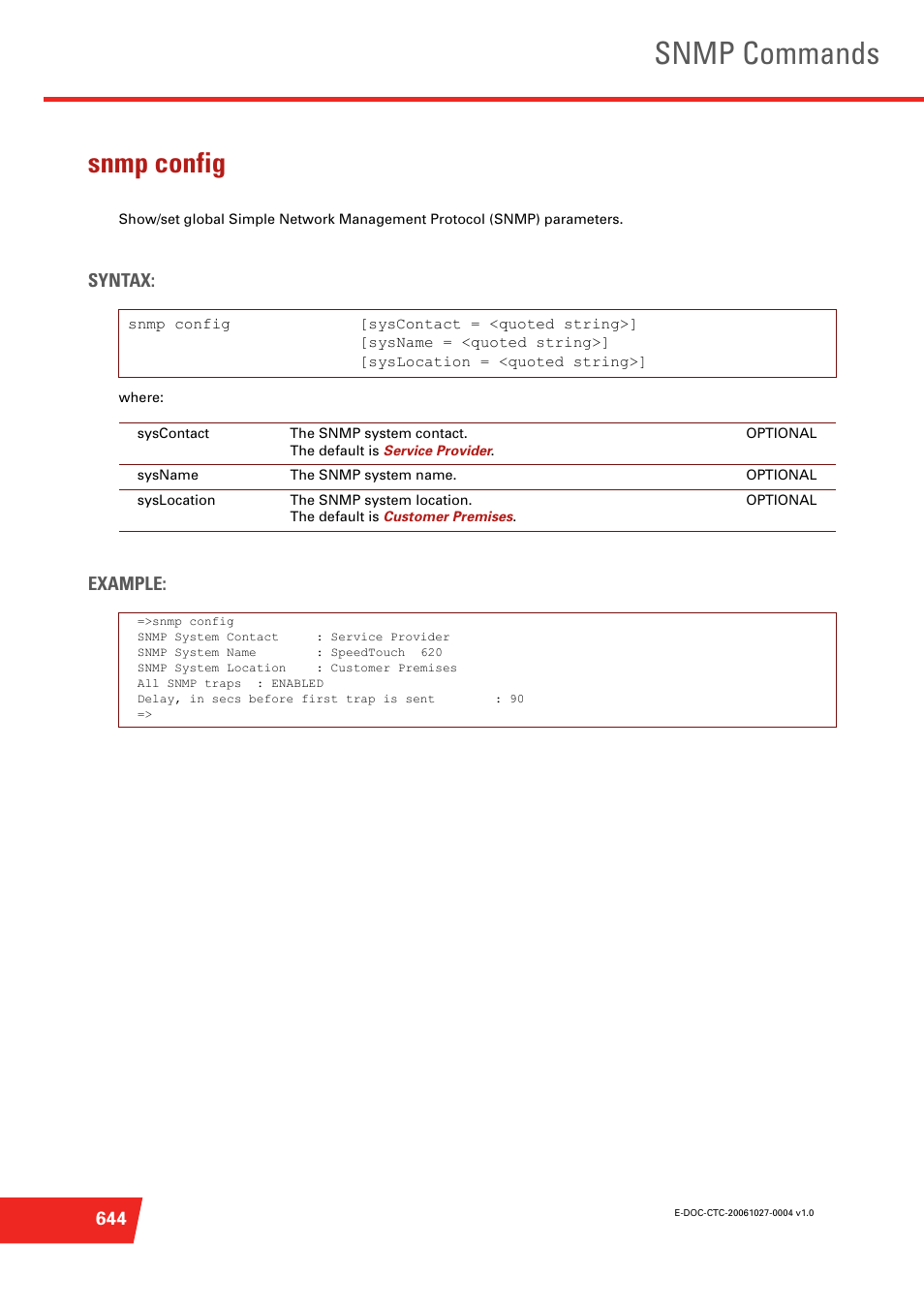 Snmp config, Snmp commands, Syntax | Example | Technicolor - Thomson ST585 V6 User Manual | Page 668 / 834