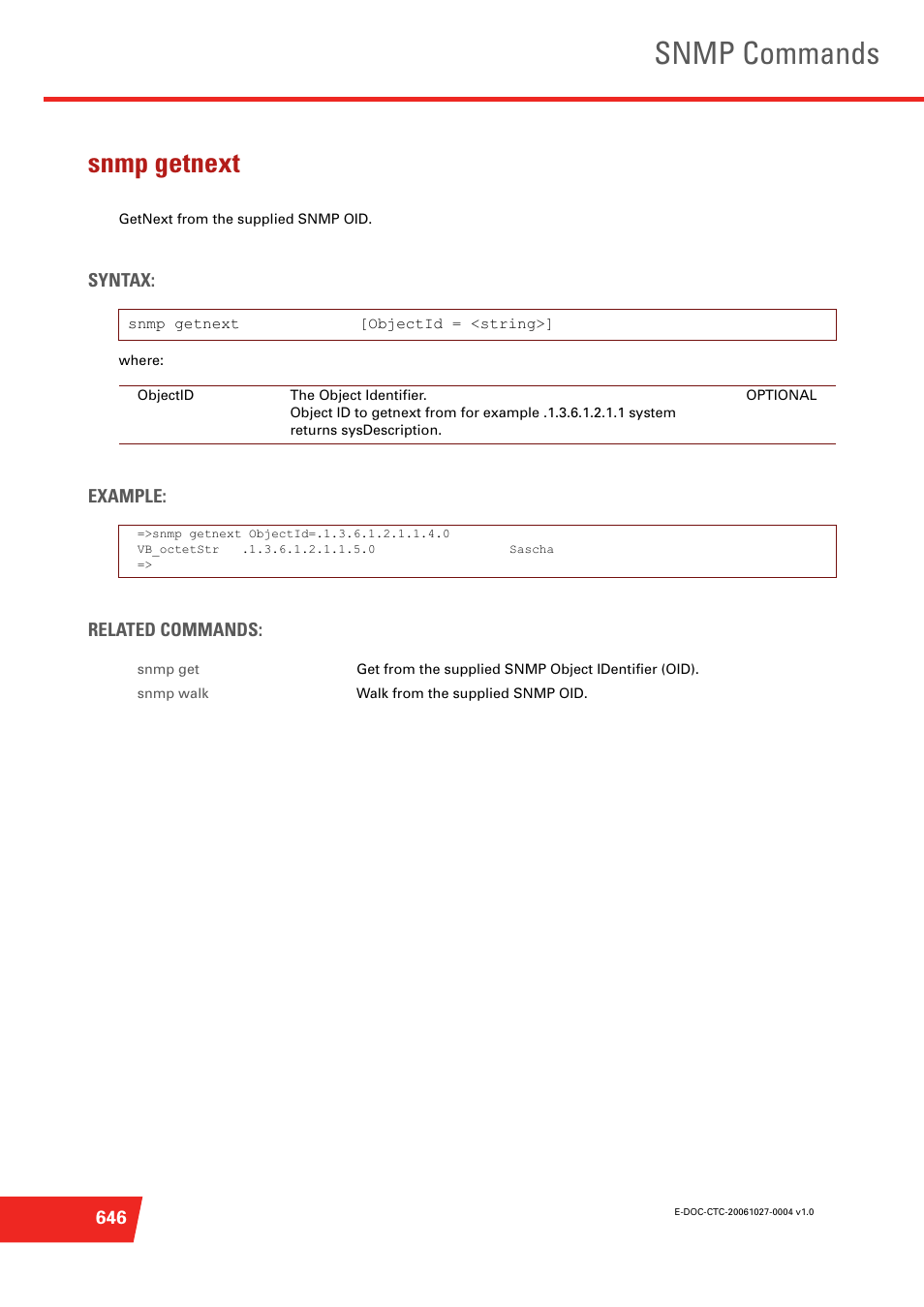 Snmp getnext, Getnext from the supplied snmp oid, Snmp commands | Technicolor - Thomson ST585 V6 User Manual | Page 670 / 834