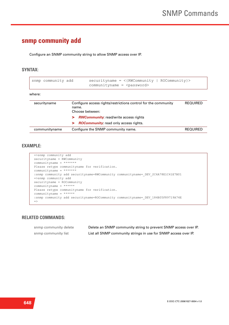 Snmp community add, Snmp commands | Technicolor - Thomson ST585 V6 User Manual | Page 672 / 834