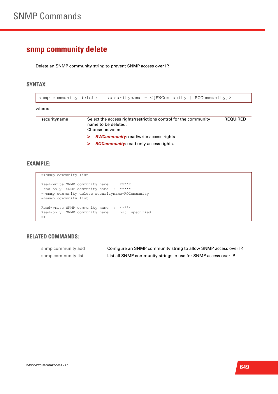 Snmp community delete, Snmp commands, Syntax | Example: related commands | Technicolor - Thomson ST585 V6 User Manual | Page 673 / 834