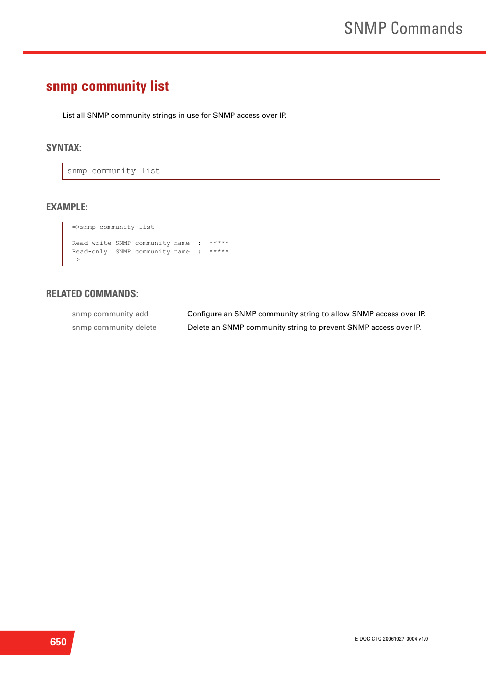 Snmp community list, Snmp commands, Syntax: example: related commands | Technicolor - Thomson ST585 V6 User Manual | Page 674 / 834