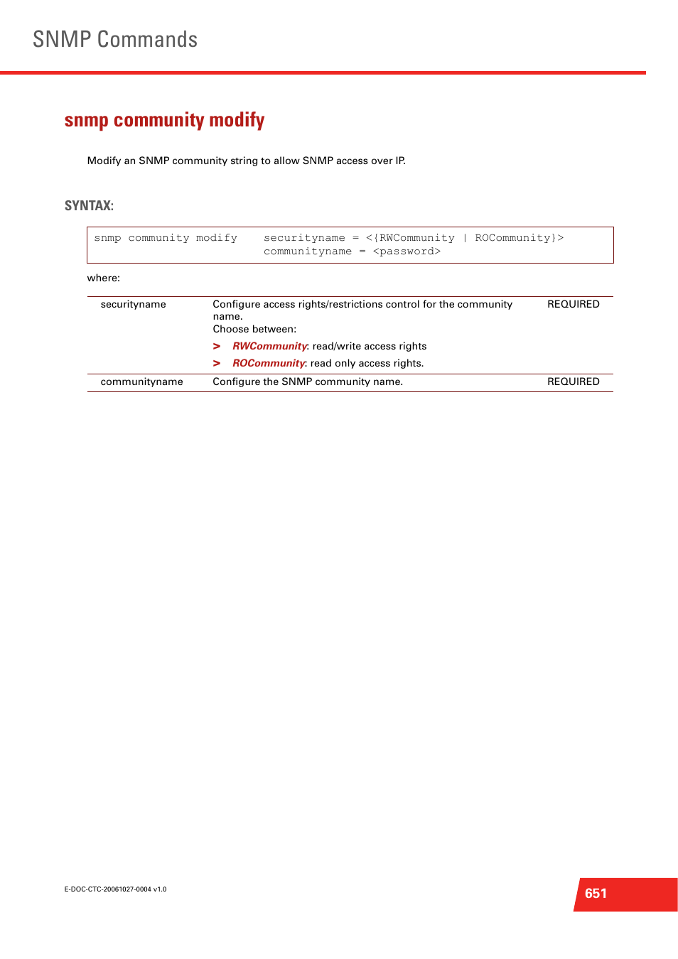 Snmp community modify, Snmp commands | Technicolor - Thomson ST585 V6 User Manual | Page 675 / 834