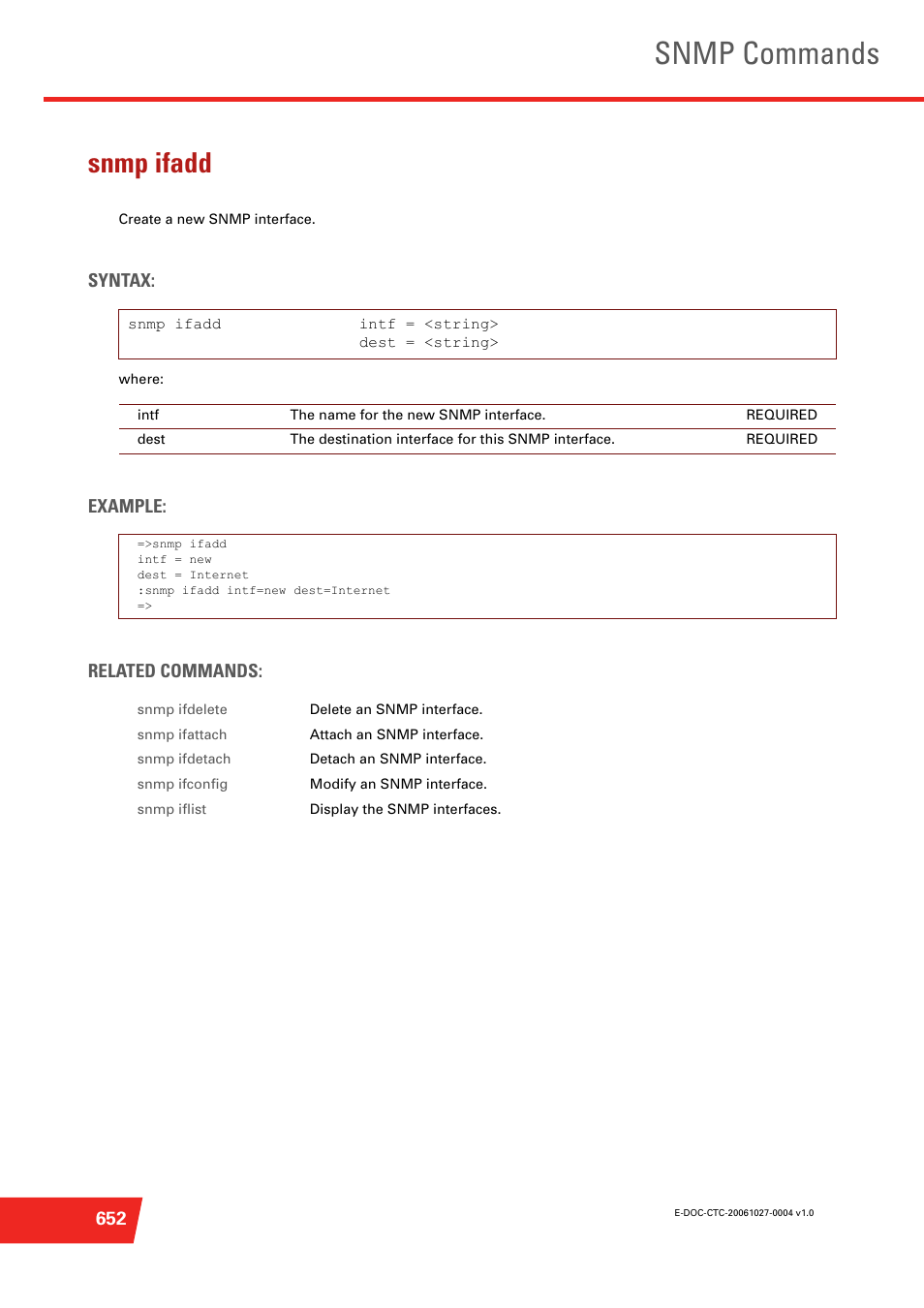 Snmp ifadd, Create a new snmp interface, Snmp commands | Technicolor - Thomson ST585 V6 User Manual | Page 676 / 834