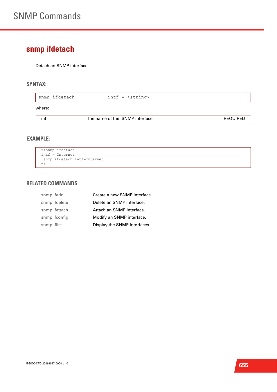 Snmp ifdetach, Detach an snmp interface, Snmp commands | Technicolor - Thomson ST585 V6 User Manual | Page 679 / 834