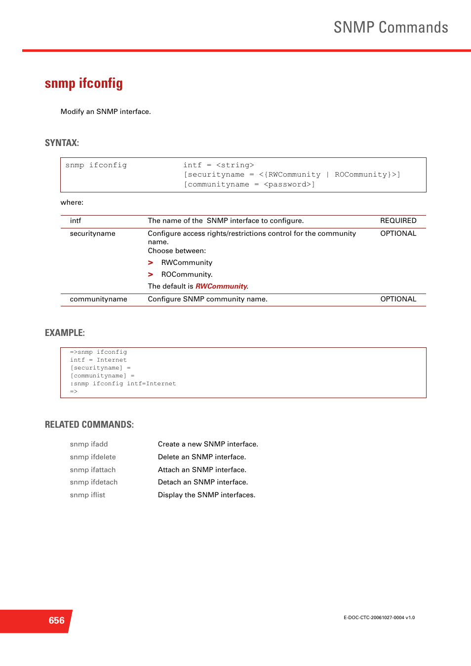 Snmp ifconfig, Modify an snmp interface, Snmp commands | Syntax, Example: related commands | Technicolor - Thomson ST585 V6 User Manual | Page 680 / 834