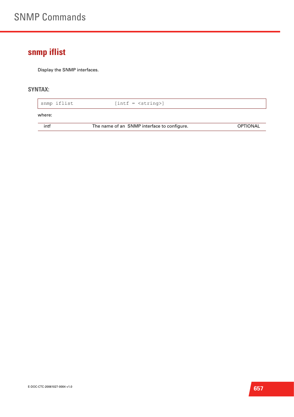 Snmp iflist, Display the snmp interfaces, Snmp commands | Technicolor - Thomson ST585 V6 User Manual | Page 681 / 834