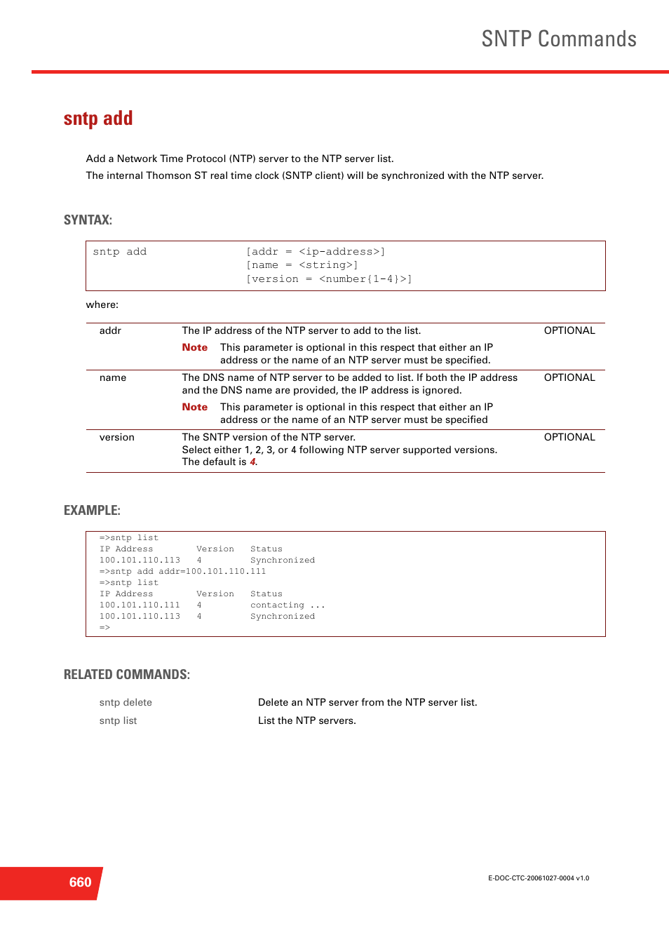 Sntp add, Sntp commands, Syntax | Example: related commands | Technicolor - Thomson ST585 V6 User Manual | Page 684 / 834