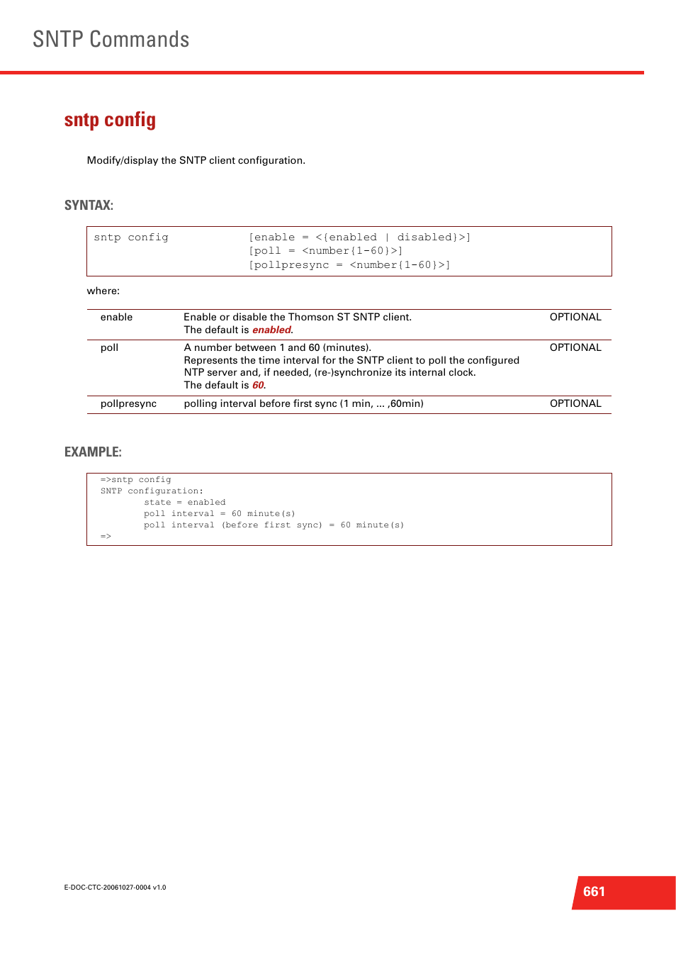 Sntp config, Modify/display the sntp client configuration, Sntp commands | Syntax, Example | Technicolor - Thomson ST585 V6 User Manual | Page 685 / 834