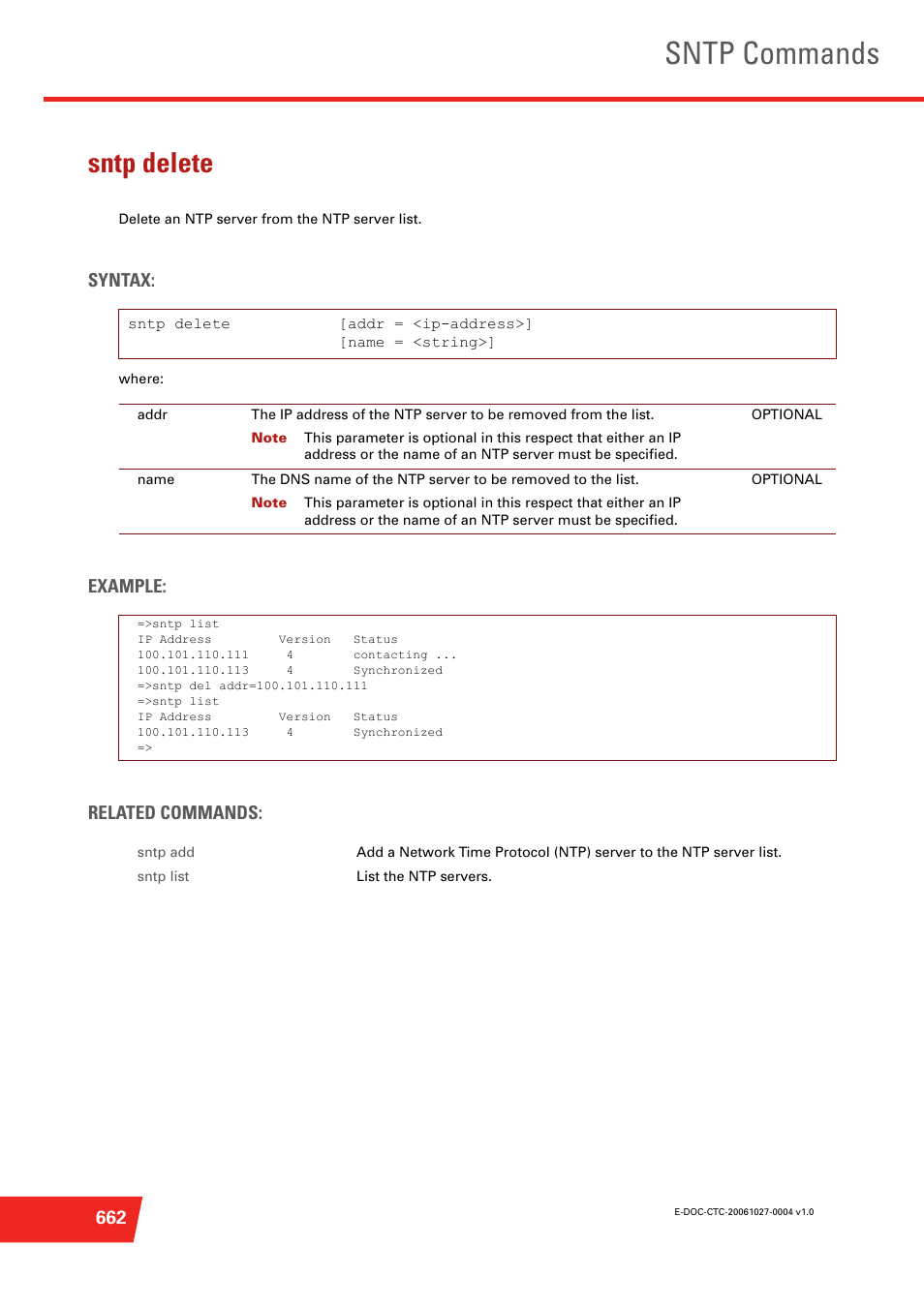 Sntp delete, Delete an ntp server from the ntp server list, Sntp commands | Syntax, Example: related commands | Technicolor - Thomson ST585 V6 User Manual | Page 686 / 834