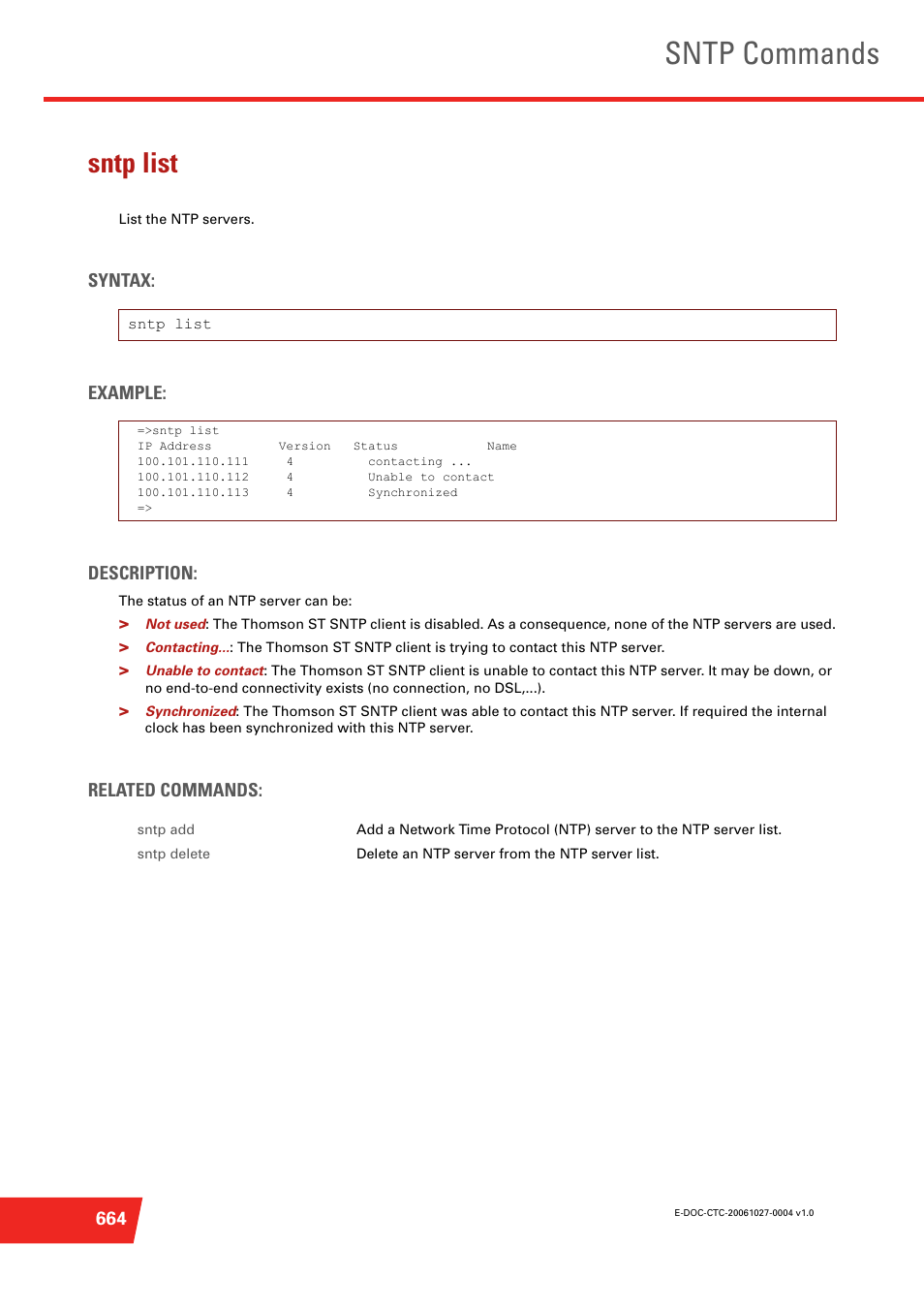 Sntp list, List the ntp servers, Sntp commands | Syntax: example: description, Related commands | Technicolor - Thomson ST585 V6 User Manual | Page 688 / 834