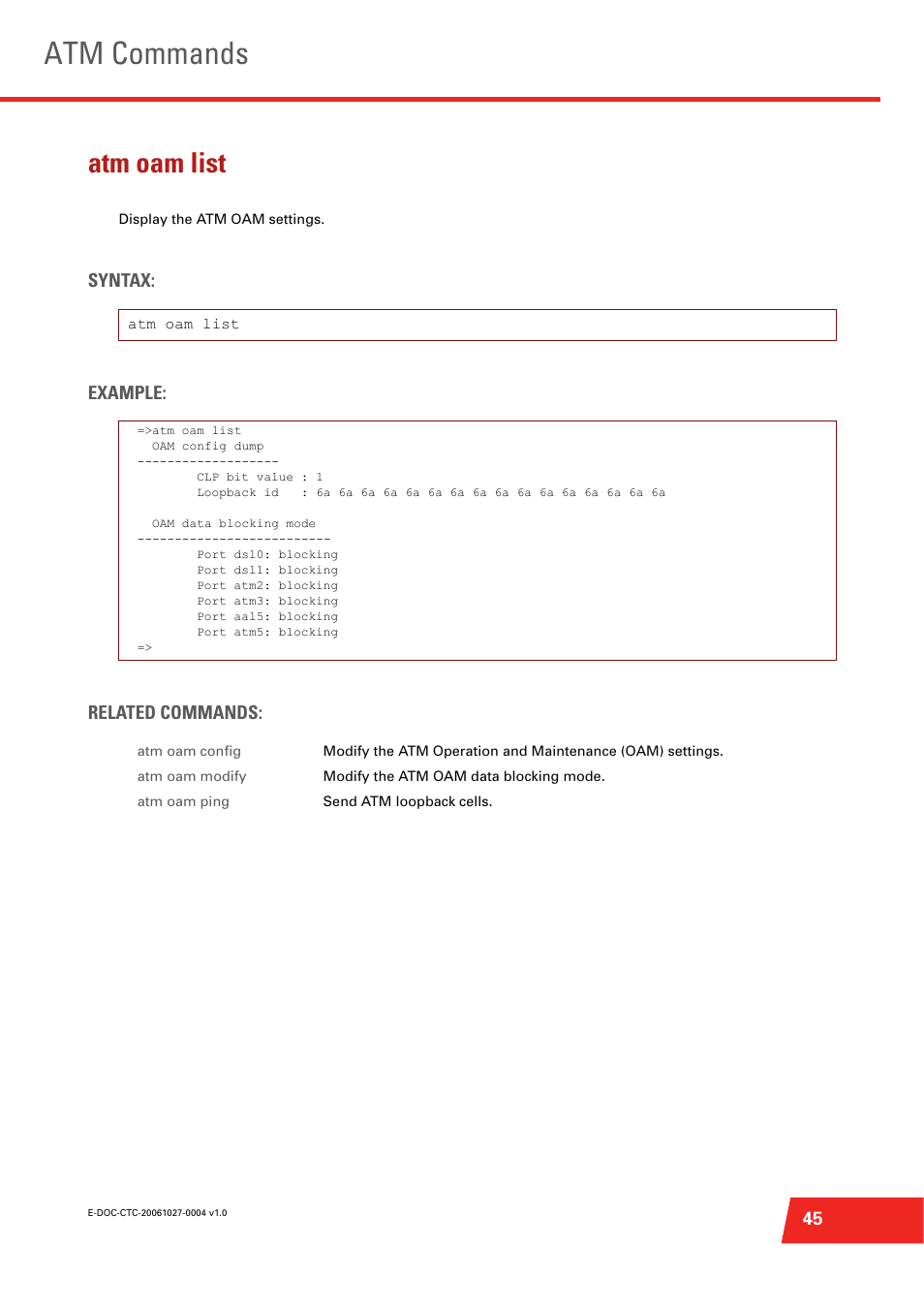 Atm oam list, Display the atm oam settings, Atm commands | Syntax: example: related commands | Technicolor - Thomson ST585 V6 User Manual | Page 69 / 834