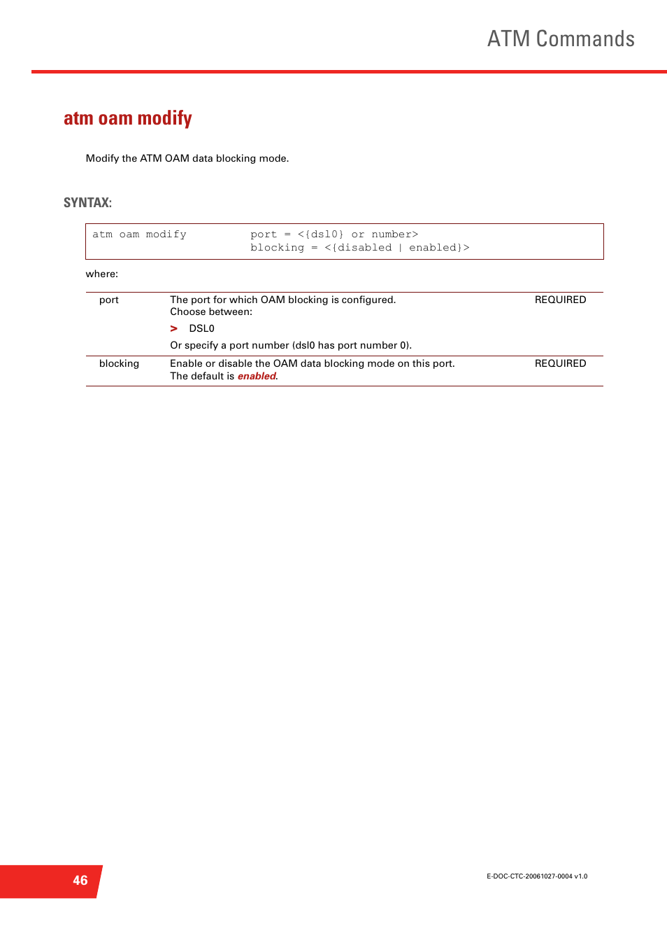 Atm oam modify, Modify the atm oam data blocking mode, Atm commands | Technicolor - Thomson ST585 V6 User Manual | Page 70 / 834