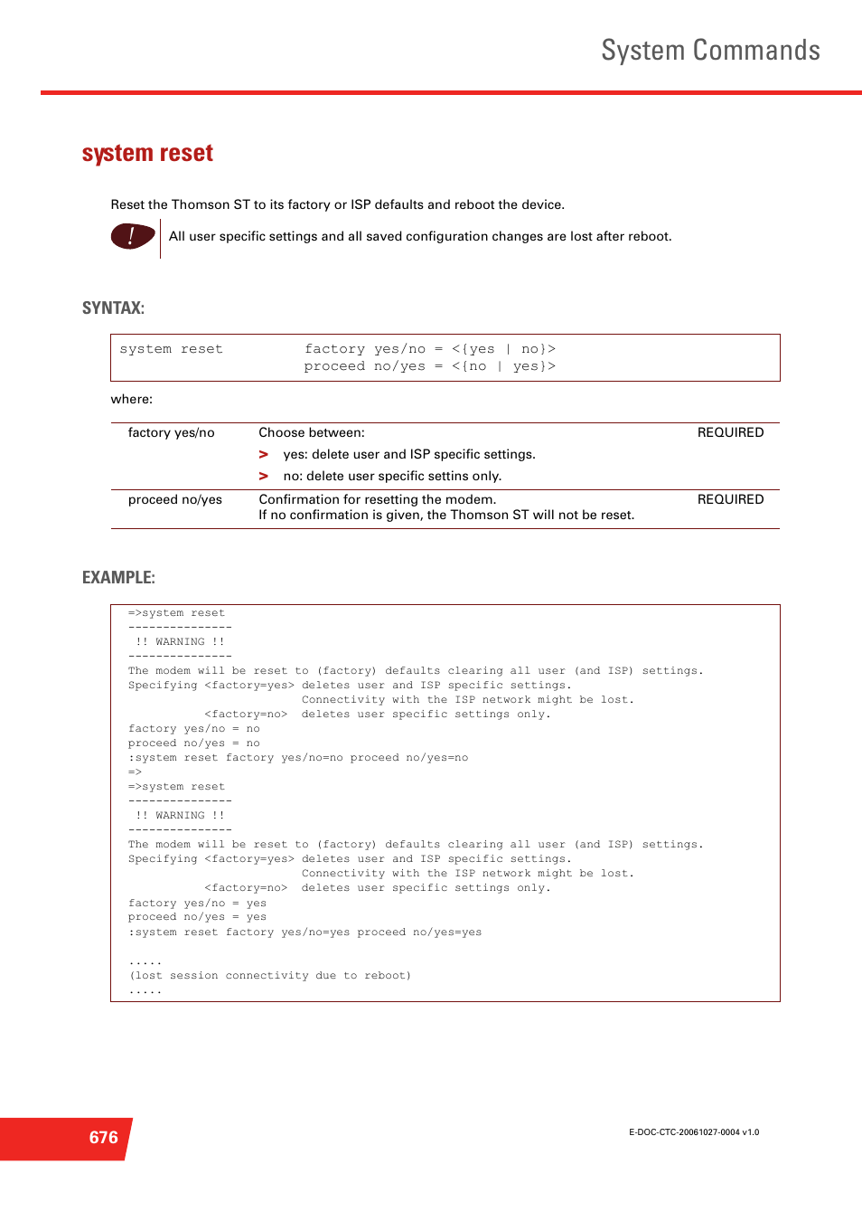 System reset, System commands, Syntax | Example | Technicolor - Thomson ST585 V6 User Manual | Page 700 / 834