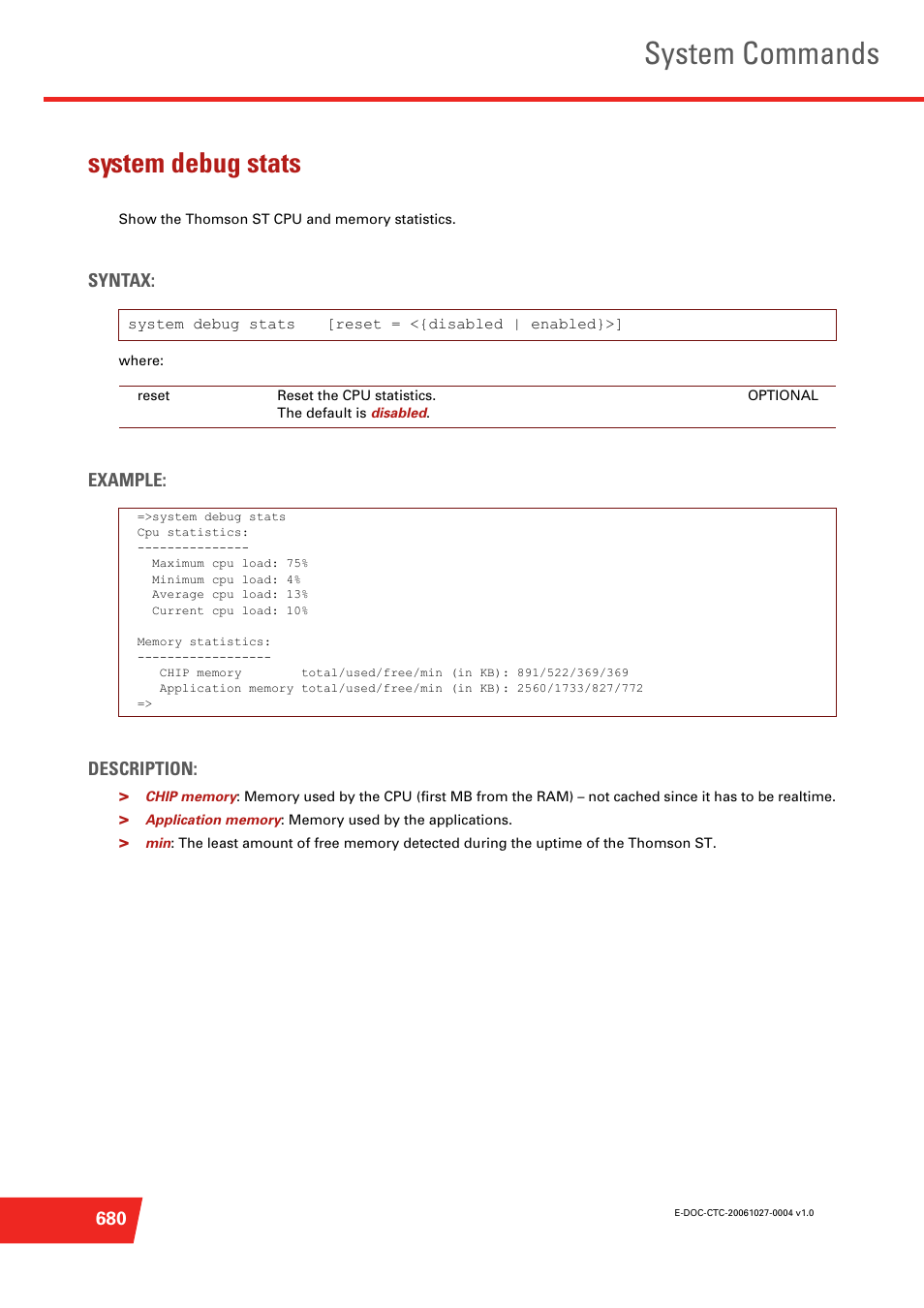 System debug stats, Show the thomson st cpu and memory statistics, System commands | Technicolor - Thomson ST585 V6 User Manual | Page 704 / 834