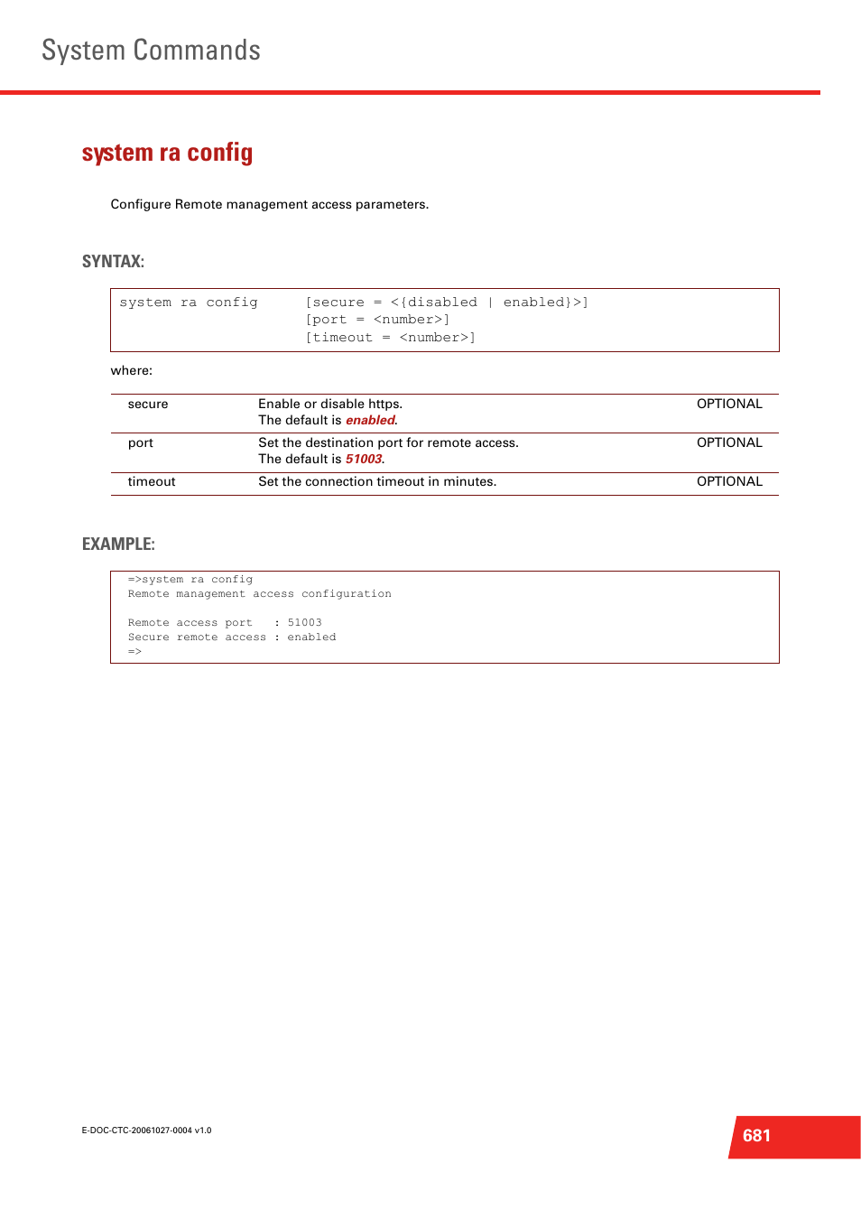 System ra config, Configure remote management access parameters, System commands | Syntax, Example | Technicolor - Thomson ST585 V6 User Manual | Page 705 / 834