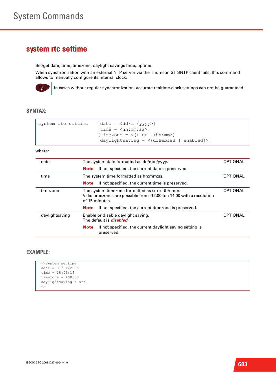 System rtc settime, System commands | Technicolor - Thomson ST585 V6 User Manual | Page 707 / 834