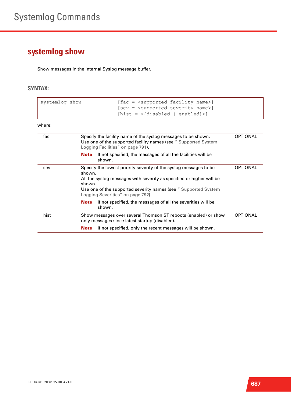 Systemlog show, Systemlog commands, Syntax | Technicolor - Thomson ST585 V6 User Manual | Page 711 / 834