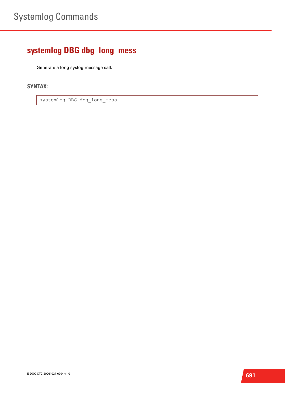 Systemlog dbg dbg_long_mess, Systemlog commands | Technicolor - Thomson ST585 V6 User Manual | Page 715 / 834