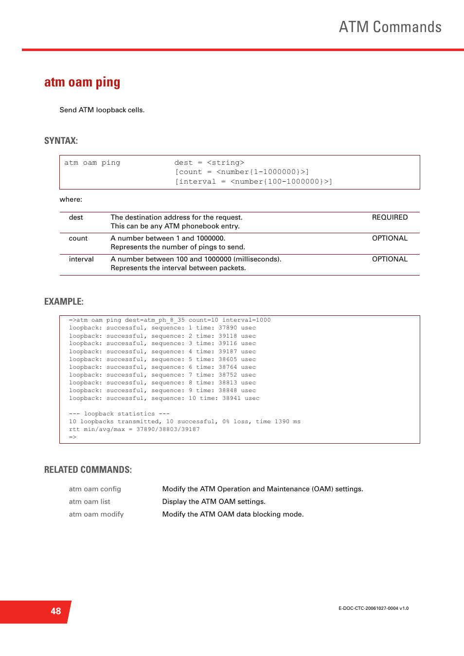 Atm oam ping, Send atm loopback cells, Atm commands | Technicolor - Thomson ST585 V6 User Manual | Page 72 / 834