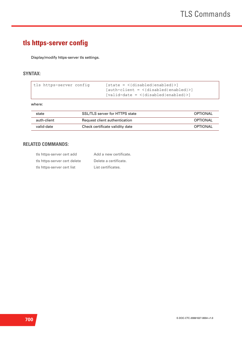 Tls https-server config, Display/modify https-server tls settings, Tls commands | Technicolor - Thomson ST585 V6 User Manual | Page 724 / 834