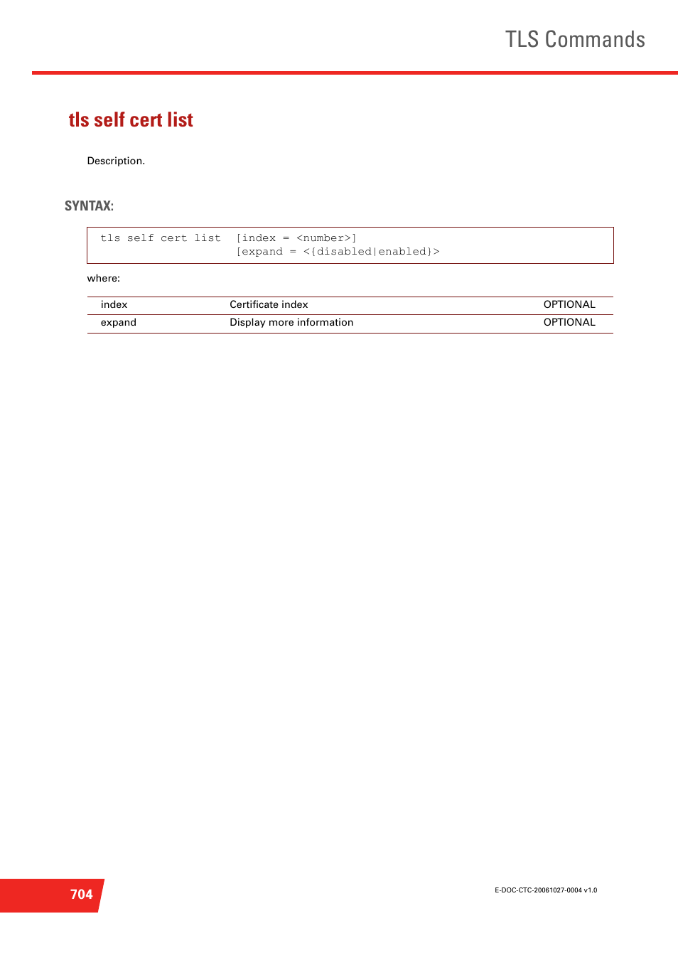 Tls self cert list, Description, Tls commands | Technicolor - Thomson ST585 V6 User Manual | Page 728 / 834