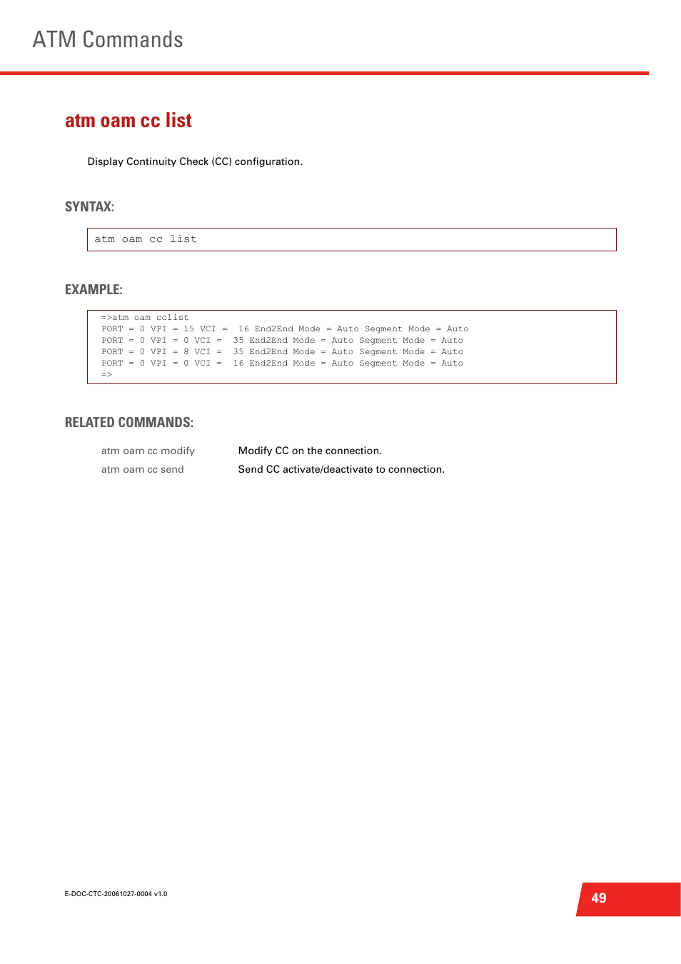 Atm oam cc list, Display continuity check (cc) configuration, Atm commands | Technicolor - Thomson ST585 V6 User Manual | Page 73 / 834