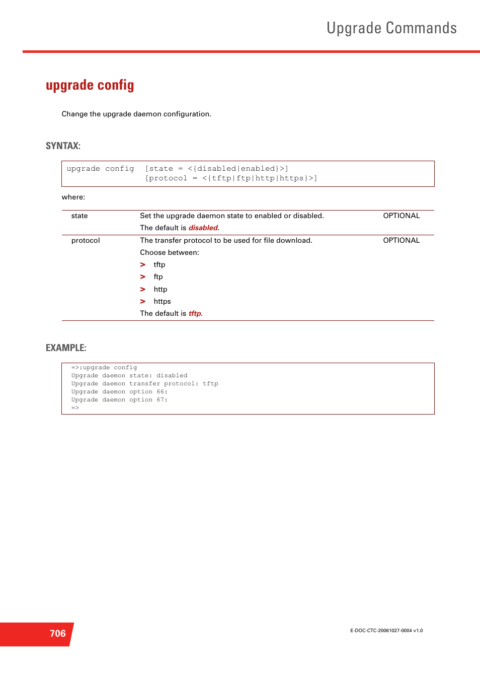 Upgrade config, Change the upgrade daemon configuration, Upgrade commands | Technicolor - Thomson ST585 V6 User Manual | Page 730 / 834