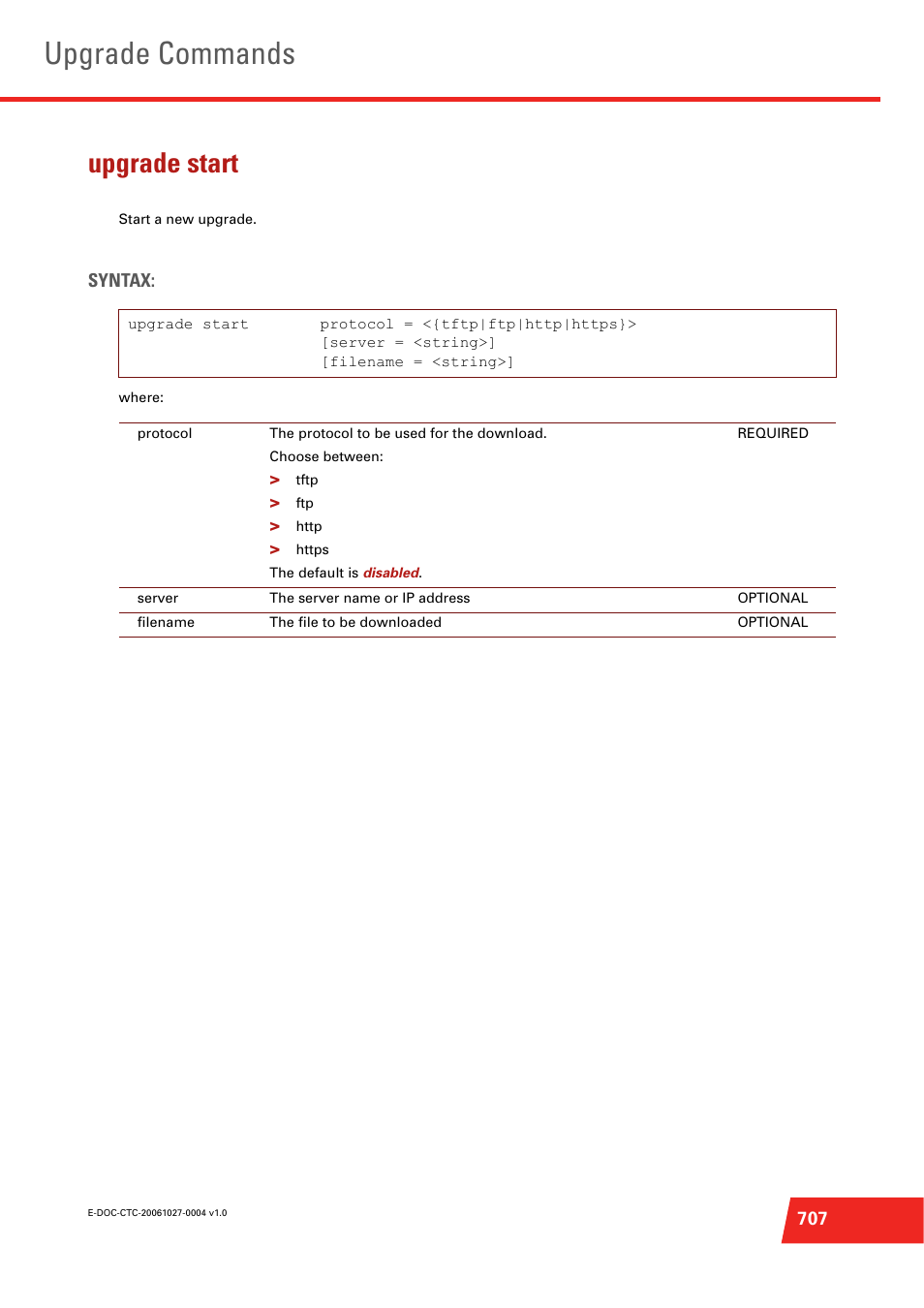 Upgrade start, Start a new upgrade, Upgrade commands | Technicolor - Thomson ST585 V6 User Manual | Page 731 / 834