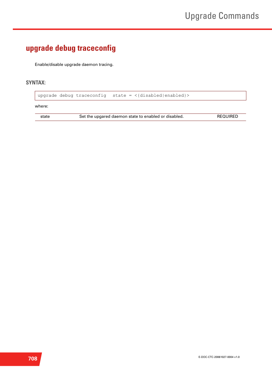 Upgrade debug traceconfig, Enable/disable upgrade daemon tracing, Upgrade commands | Technicolor - Thomson ST585 V6 User Manual | Page 732 / 834