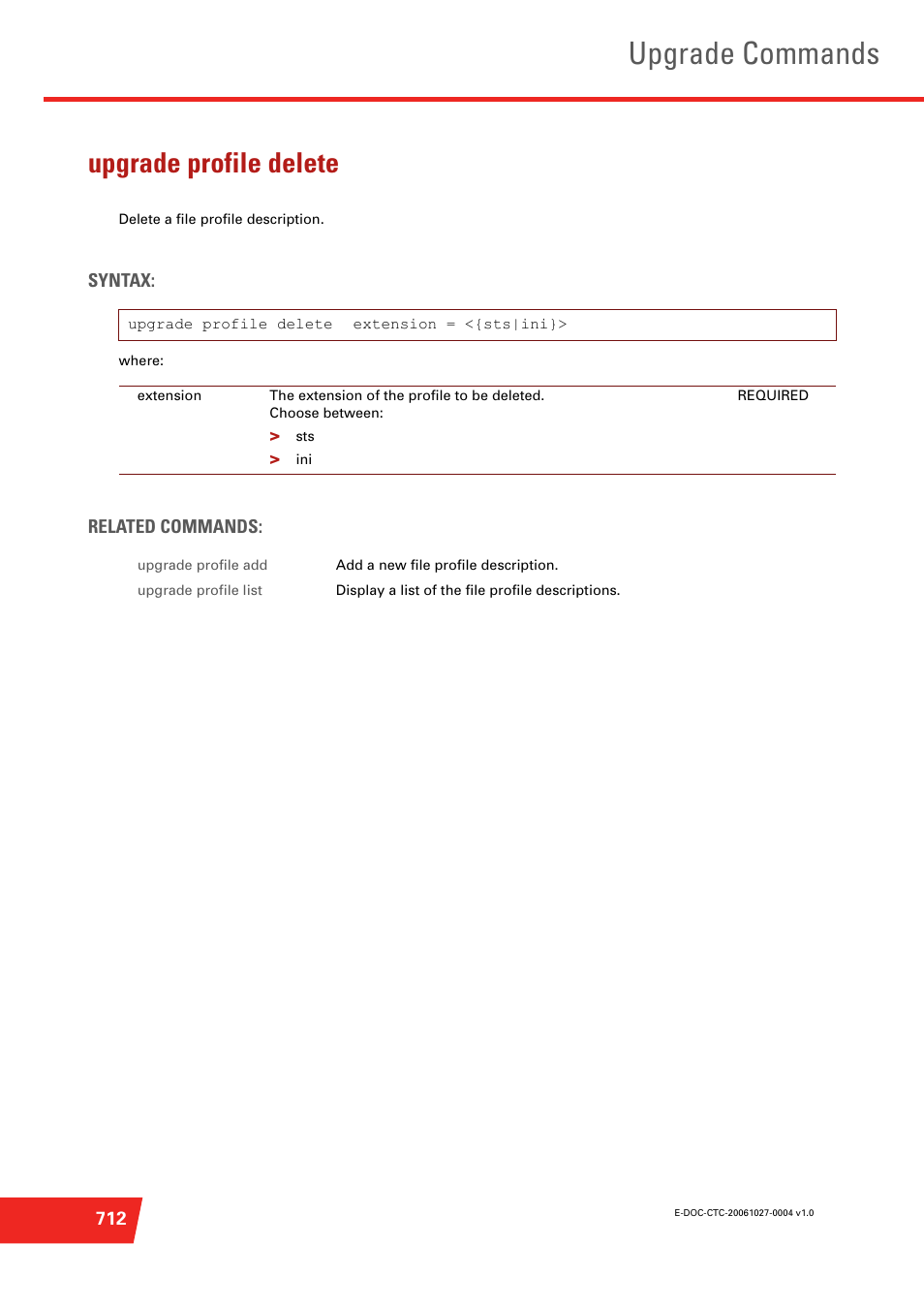 Upgrade profile delete, Delete a file profile description, Upgrade commands | Technicolor - Thomson ST585 V6 User Manual | Page 736 / 834