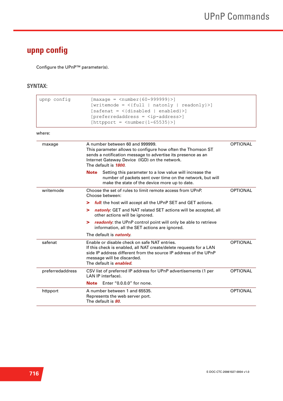 Upnp config, Configure the upnp™ parameter(s), Upnp commands | Syntax | Technicolor - Thomson ST585 V6 User Manual | Page 740 / 834