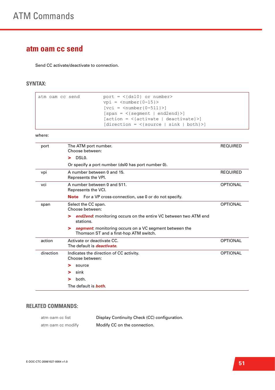 Atm oam cc send, Send cc activate/deactivate to connection, Atm commands | Syntax, Related commands | Technicolor - Thomson ST585 V6 User Manual | Page 75 / 834