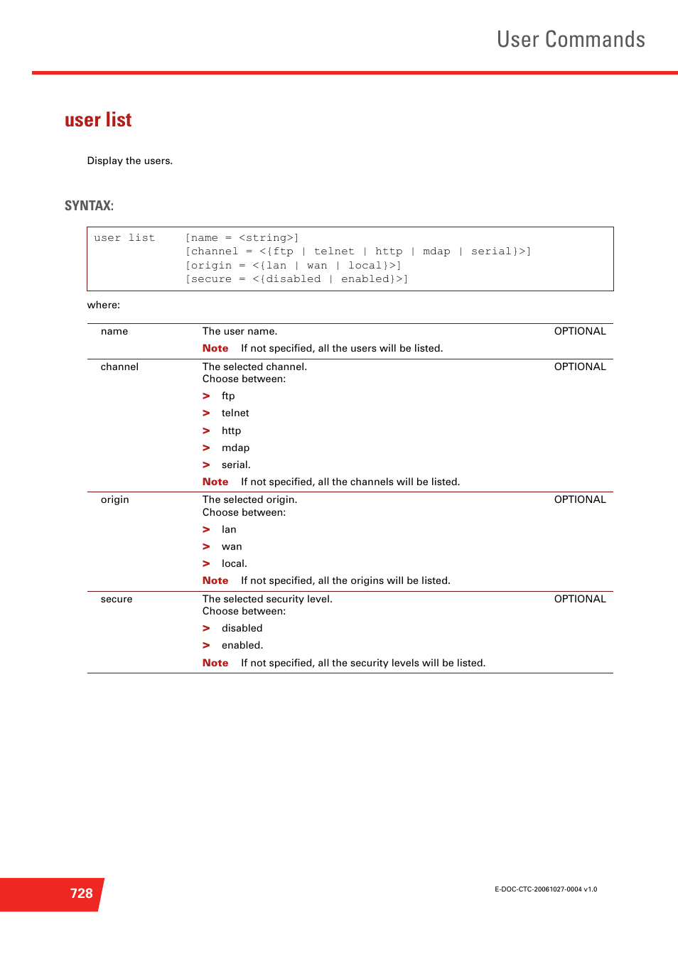 User list, User commands | Technicolor - Thomson ST585 V6 User Manual | Page 752 / 834