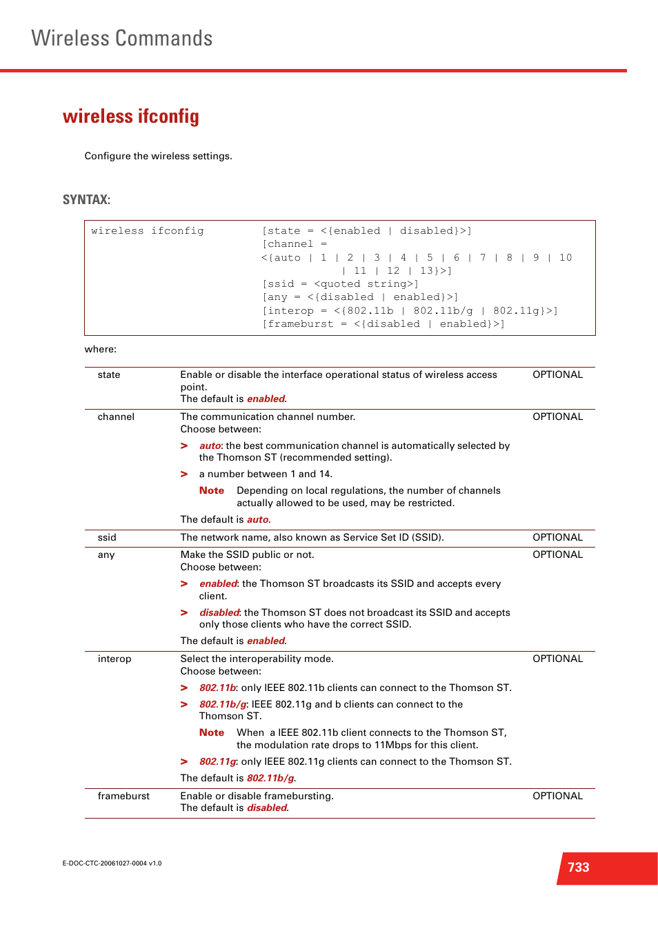 Wireless ifconfig, Configure the wireless settings, Wireless commands | Syntax | Technicolor - Thomson ST585 V6 User Manual | Page 757 / 834