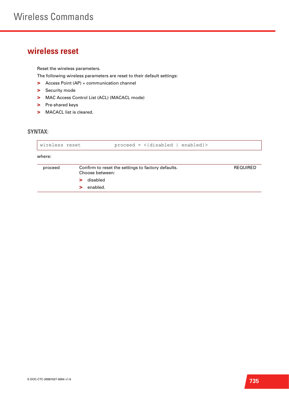 Wireless reset, Reset the wireless parameters, Wireless commands | Technicolor - Thomson ST585 V6 User Manual | Page 759 / 834