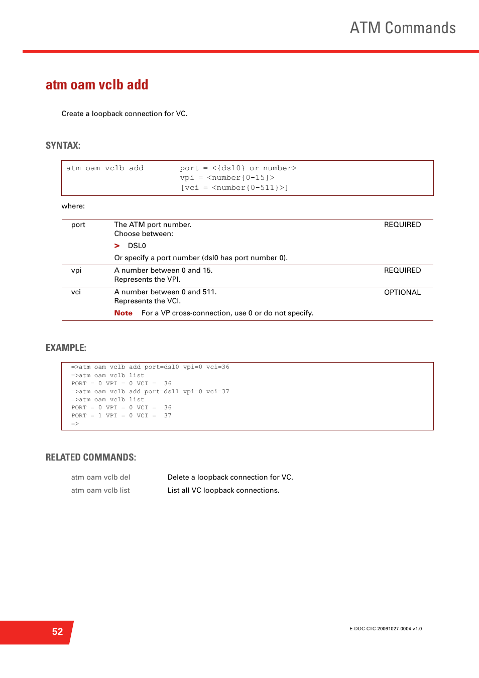 Atm oam vclb add, Create a loopback connection for vc, Atm commands | Syntax, Example: related commands | Technicolor - Thomson ST585 V6 User Manual | Page 76 / 834