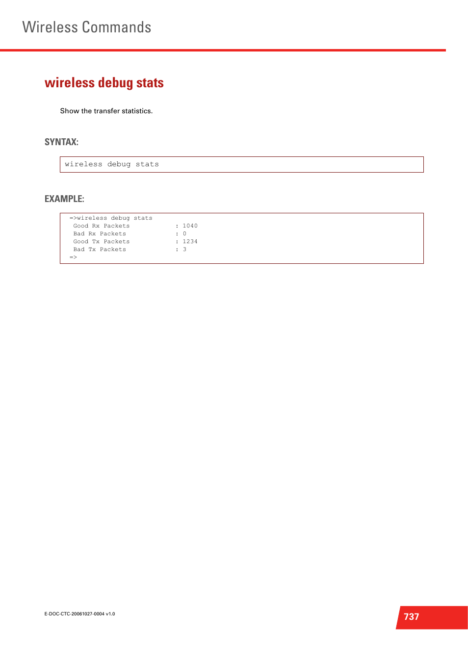 Wireless debug stats, Show the transfer statistics, Wireless commands | Syntax: example | Technicolor - Thomson ST585 V6 User Manual | Page 761 / 834