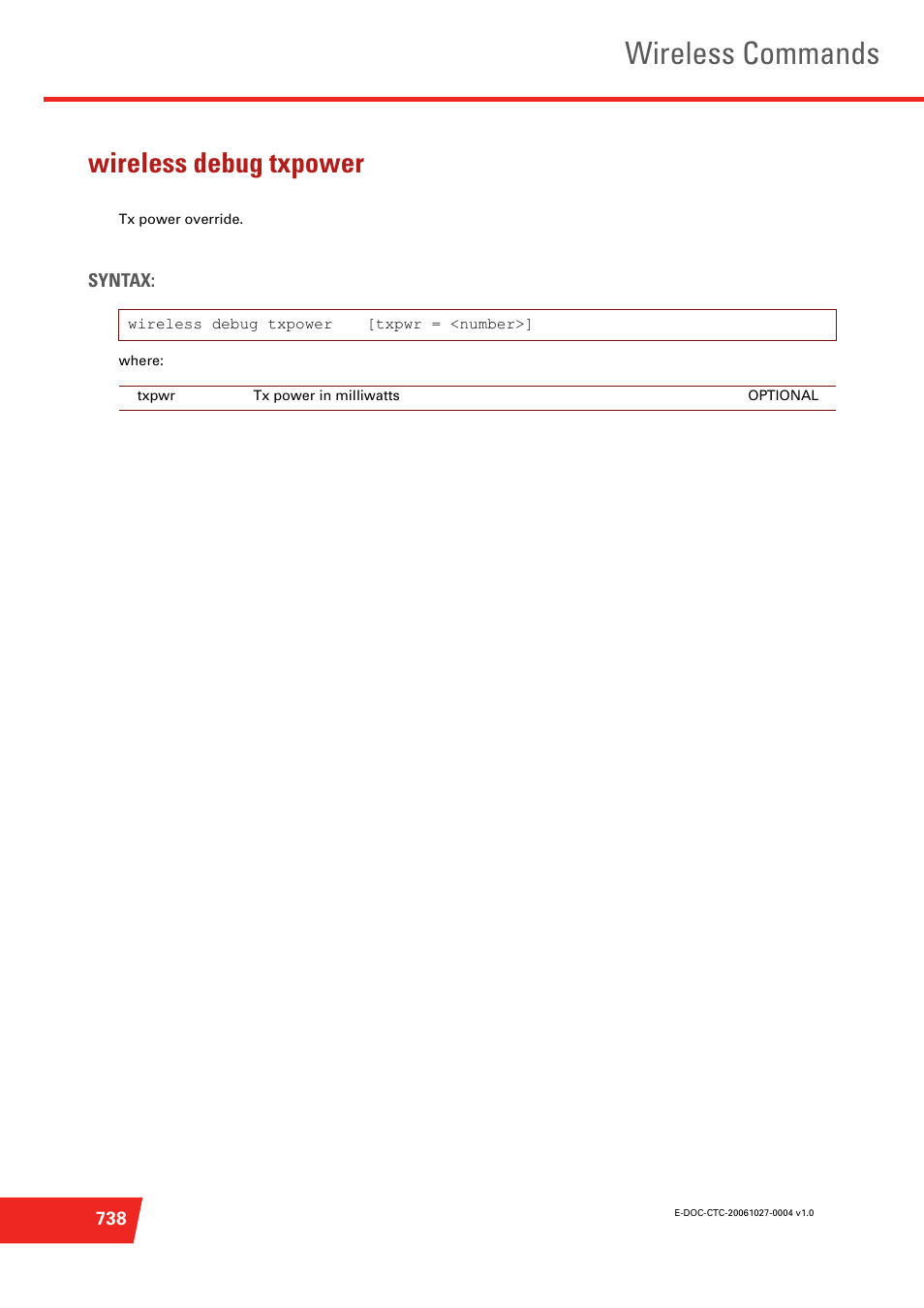 Wireless debug txpower, Tx power override, Wireless commands | Technicolor - Thomson ST585 V6 User Manual | Page 762 / 834